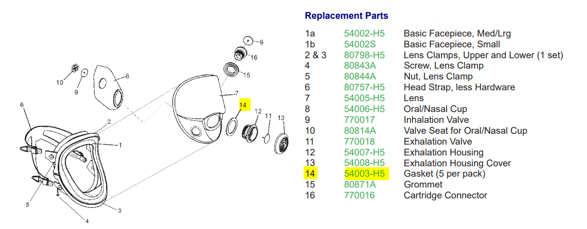 What is the part number for the Gasket of the 5400 Full Face Mask?