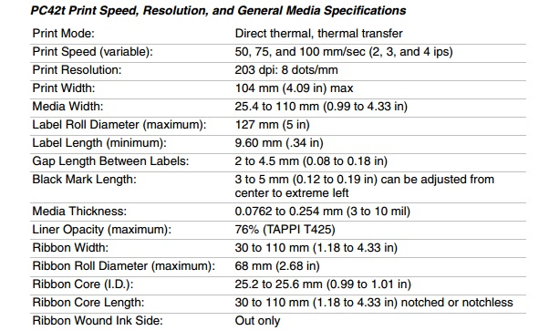 What are the media specifications for PC42t printer?