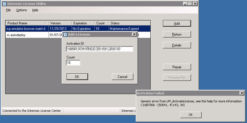 Smart System Generic Error when trying to add a license