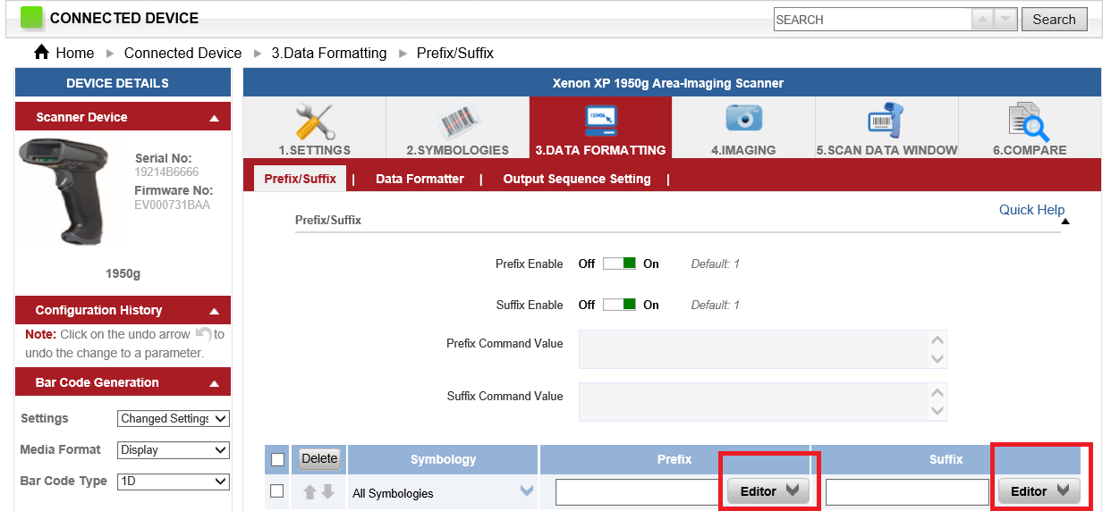 How to program a scanner to Back TAB suffix or prefix.