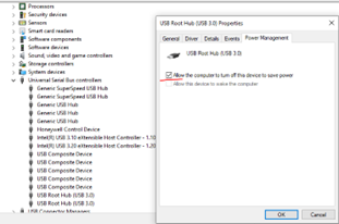 USB power save modes of Win10 host computer.